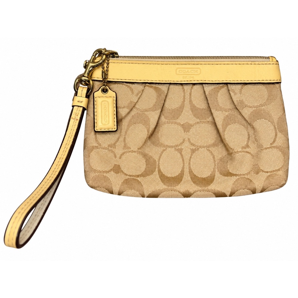 Coach Signature Jacquard Pleated Wristlet Khaki Yellow Leather Trim Monogram Bag